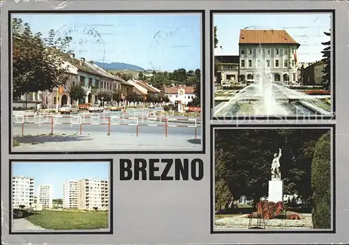 Brezno Strassenpartie Wasserspiele Denkmal Statue Siedlung Hochhaeuser Kat. Bries