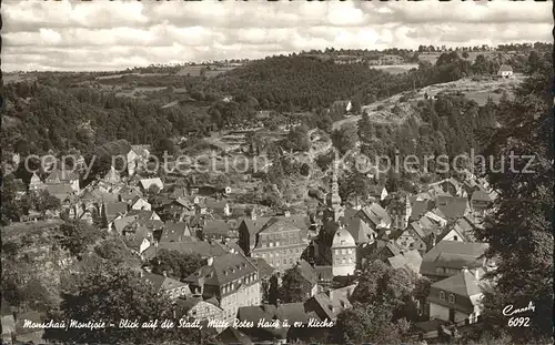 Monschau Montjoie Blick auf die Stadt Mitte Rotes Haus und Evangelische Kirche Kat. Monschau