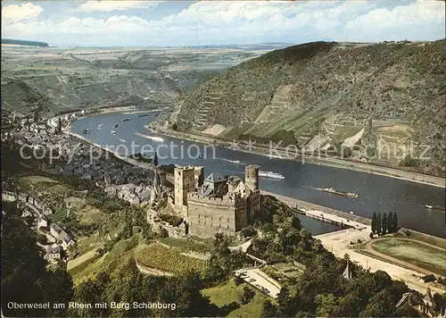 Oberwesel Rhein mit Burg Schoenburg Fliegeraufnahme
