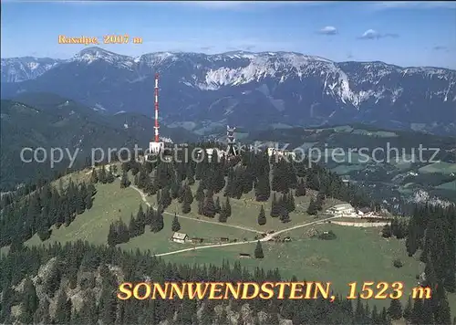 Sonnwendstein mit Pollereshaus Gedenkkapelle und Fernsehsender Fliegeraufnahme Kat. Oesterreich
