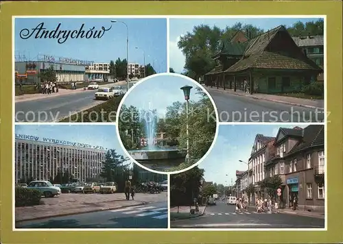 Andrychow Wiokniarzy Zabytkowy drewniany dom podcieniowy Fontanna Wytwornia Silnikow Wysokopreznych Ulica Obroncow Stalingradu