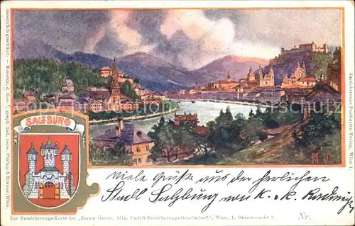 Salzburg Oesterreich Blick ueber die Salzach Festung Hohensalzburg Wappen Kuenstlerkarte Kat. Salzburg