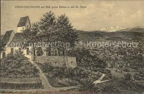 Obertuellingen Kirche Blick gegen Riehen und die Alpen Kat. Tuellingen