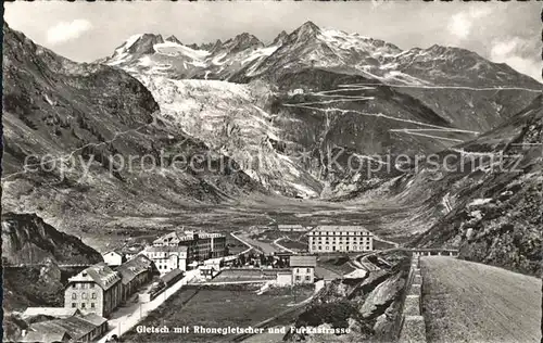 Gletsch mit Rhonegletscher und Furkastrasse Alpenpass Kat. Rhone