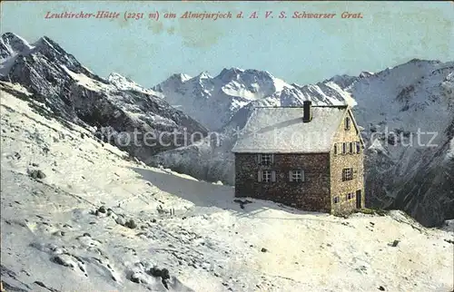 Leutkircher Huette am Almejurjoch Schwarzer Grat Gebirgspanorama Lechtaler Alpen Kat. St Anton Arlberg