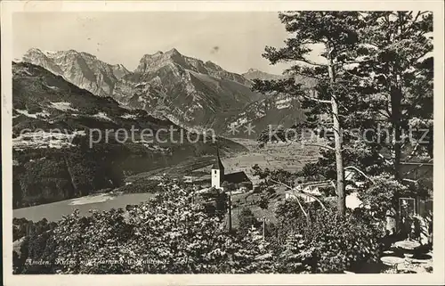 Amden SG Kirche mit Glaernisch und Rautispitz Glarner Alpen Kat. Amden