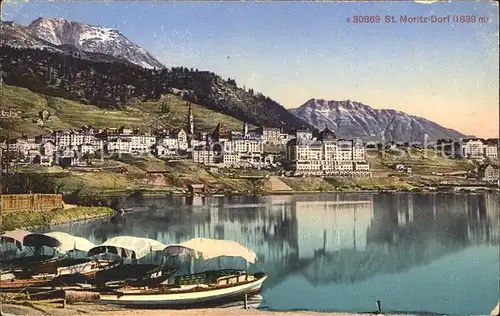 St Moritz Dorf GR mit Booten am See Kat. St Moritz