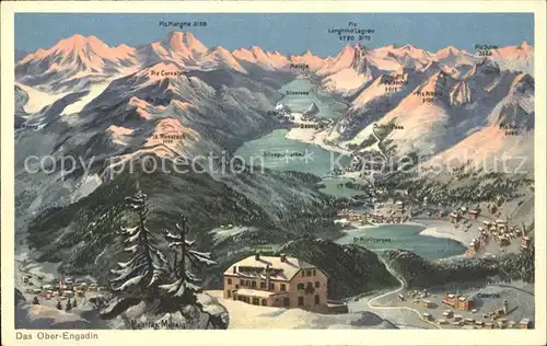 Oberengadin GR Panoramakarte mit Seen / St Moritz /Bz. Maloja