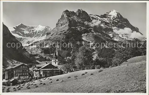 Grindelwald Kirche mit Eiger und Fieschenwand Kat. Grindelwald
