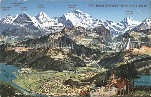 Interlaken BE Panoramakarte mit Seen und Eiger Moech Jungfrau Kat. Interlaken