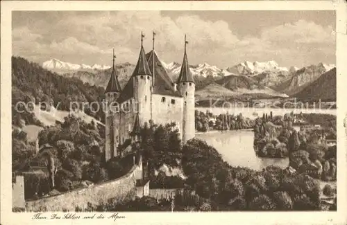 Thun BE Schloss mit See und Alpen Kat. Thun