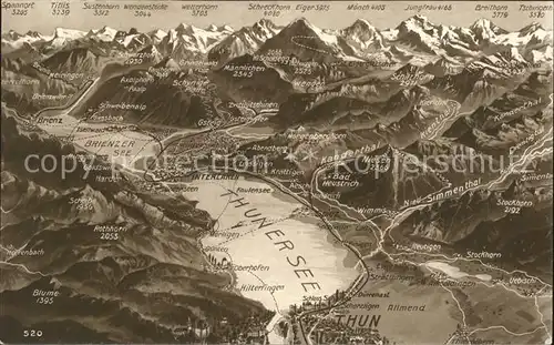 Thunersee Panoramakarte mit Brienzersee und Alpen Kat. Thun