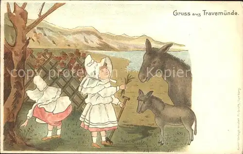 Travemuende Ostseebad Spielende Kinder mit Eseln Illustration Kat. Luebeck