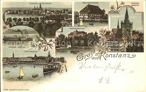 Konstanz Bodensee mit Seestrasse Conciliumsgebaeude Muenster Schloss Mainau Bodenseedampfer Landungssteg Kat. Konstanz