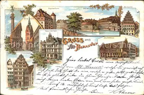 Alt Hannover Waterloo Saeule Beguinenturm Leine Insel Kanzlei Rathaus Haus der Vaeter Leibnizhaus Kat. Hannover
