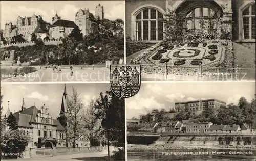Bernburg Saale Kurhaus Blick zum Schloss Blumenuhr Fischergasse Karl Marx Schule Kat. Bernburg