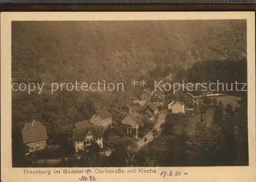 Treseburg Harz Bodetal Dorfstrasse mit Kirche Kat. Treseburg