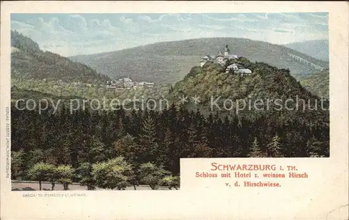 Schwarzburg Thueringer Wald Schloss mit Hotel zum Weissen Hirsch Blick von der Hirschwiese Kat. Schwarzburg