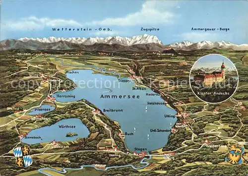 Ammersee mit Kloster Andechs und Wettersteingebirge Panoramakarte Kat. Utting a.Ammersee