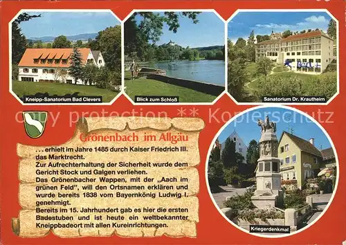 Groenenbach Bad Kneipp Sanatorium Bad Clevers Schloss Sanatorium Dr Krautheim Kriegerdenkmal  Kat. Bad Groenenbach