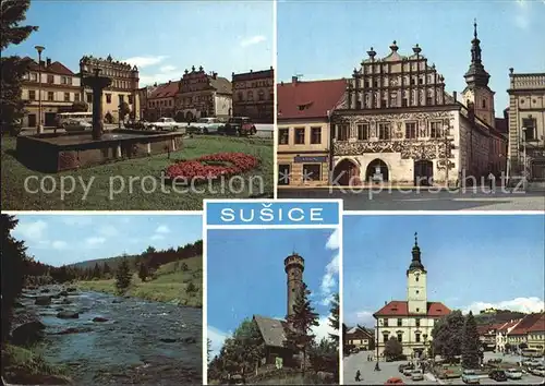 Susice Park Kirche Fluss Turm Kat. Tschechische Republik