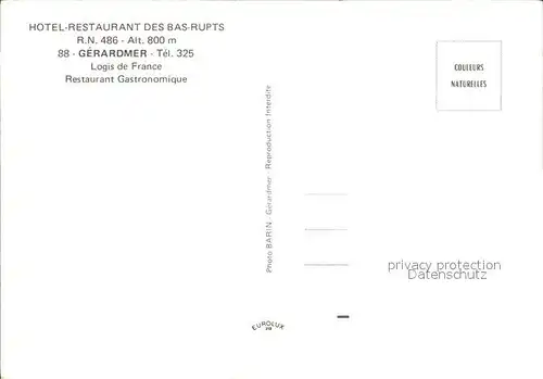 Gerardmer Vosges Hotel Restaurant des Bas Rupts Kat. Gerardmer