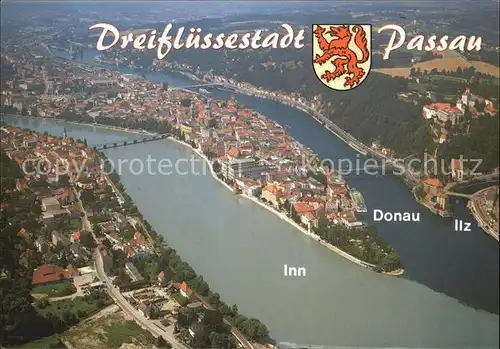 Passau Zusammenfluss von Donau Inn und Ilz Fliegeraufnahme Kat. Passau