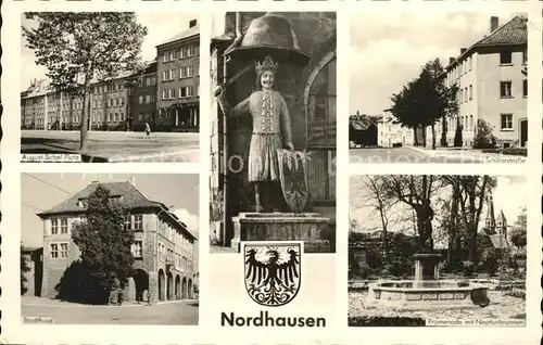 Nordhausen Thueringen Aug Bebel Platz Schillerstrasse Stadthaus Promenade mit Neptunbrunnen Kat. Nordhausen Harz