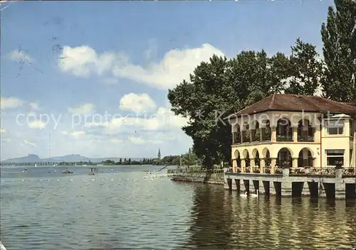 Radolfzell Bodensee Strandcafe Mettnau mit Radolfzell und Hegaubergen Kat. Radolfzell am Bodensee