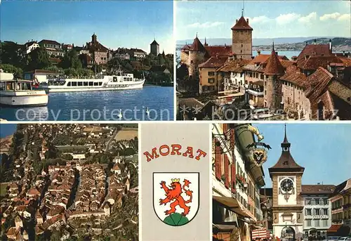 Morat Murten Le Port Remparts et Chateau Vue aerienne Porte de Berne Kat. Murten