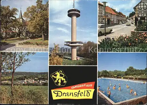 Dransfeld Gaussturm auf dem Hohen Hagen Dorfpartie Teilansicht Schwimmbad Kat. Dransfeld
