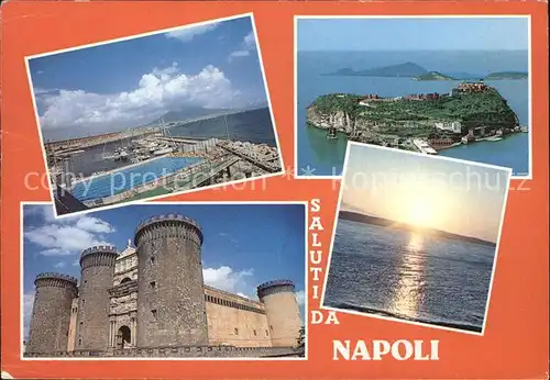 Napoli Neapel Burg Hafen Sonnenuntergang Kat. Napoli