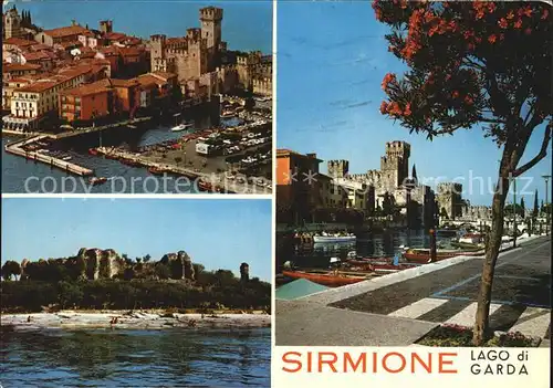 Sirmione Lago di Garda Fliegeraufnahme Hafen mit Burg Ufer Kat. Italien