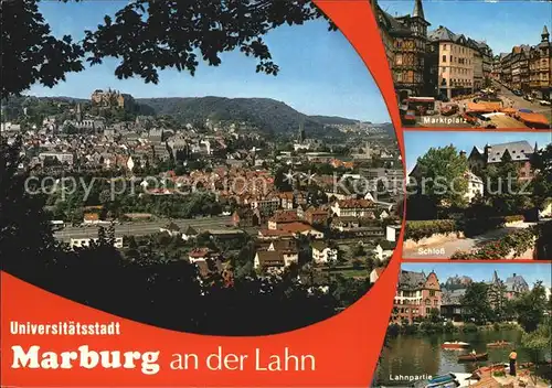 Marburg Lahn Stadtbild mit Veste Marktplatz Schloss Lahnpartie Bootsanleger Universitaetsstadt Kat. Marburg