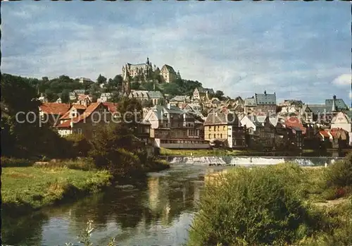 Marburg Lahn Partie am Fluss mit Blick zum Schloss Kat. Marburg