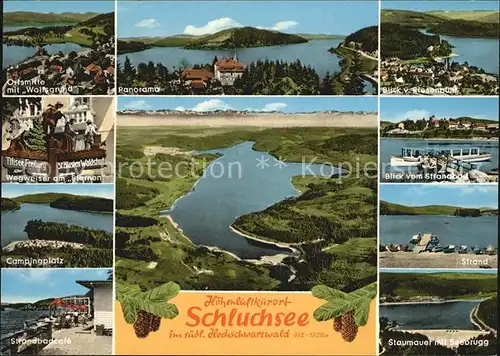 Schluchsee Ortsmitte mit Wolfsgrund Wegweiser Campingplatz Strandbad Cafe Strand Staumauer Seebrugg Eichenlaub Luftkurort Schwarzwald Kat. Schluchsee