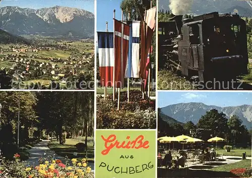 Puchberg Schneeberg Panorama mit Schneeberg Flaggen Bergbahn Kurpark Kat. Puchberg am Schneeberg