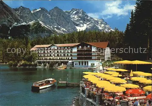 Eibsee Hotel und Eibseepavillon Terrasse Anlegestelle Zugspitze Kat. Grainau