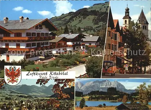 Kitzbuehel Tirol Strassenpartie mit Haus Toni Sailer Stadtpfarrkirche Panorama Schwarzsee mit Wildem Kaiser Kat. Kitzbuehel