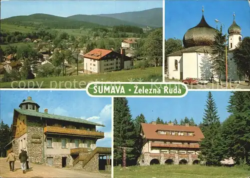 Zelezna Ruda Markt Eisenstein Celkovy pohled Barockni kostelik s cibulovou bani Pancir turisticka chata Hotel Hrncir na Spicaku Kat. Zelezna Ruda