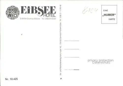 Eibsee Eibsee Hotel Segeln Tennis Restaurant Kaminzimmer Alpenblick Huber Karte Nr 10.425 Kat. Grainau