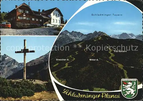 Schladming Obersteiermark Schladminger Huette Berghaus auf der Planai Gipfelkreuz FIS Rennstrecke Fliegeraufnahme Kat. Schladming