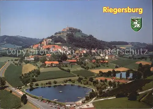 Riegersburg Panorama mit Blick zur Feste 11. Jhdt. Basaltfelsen See Fliegeraufnahme Kat. Riegersburg