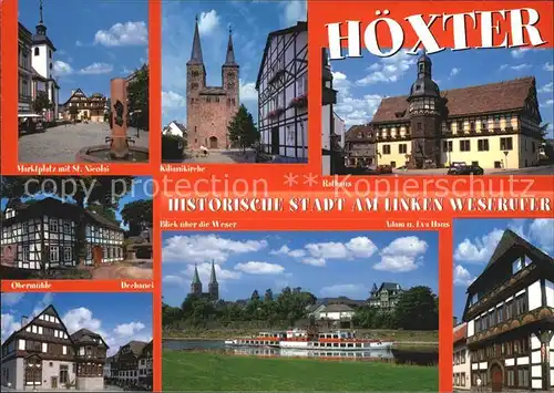 Hoexter Weser Marktplatz St Nicolai Kirche Rathaus Adam und Eva Haus Weser Dampfer Dechanei Obermuehle Kat. Hoexter