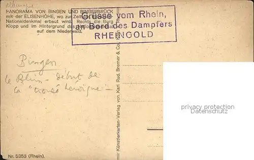 Bingen Rhein Rheinpartie Kuenstlerkarte mit Elisenhoehe  Kat. Bingen am Rhein