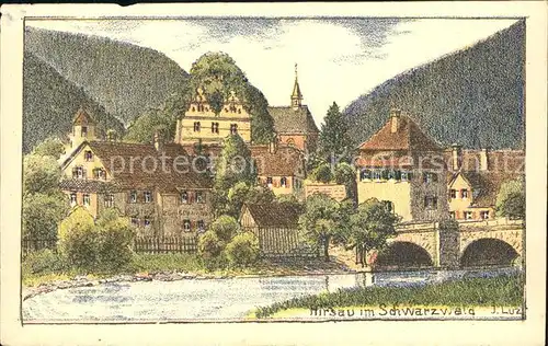 Hirsau Teilansicht mit Klosterkirche Bruecke und Ruine Kuenstlerkarte Kat. Calw