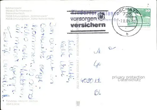 Schmannewitz Waldbad Dammuehlenteich FDGB Erholungsheime Schmannewitz und Kaethe Kollwitz Huette Kat. Dahlen Sachsen