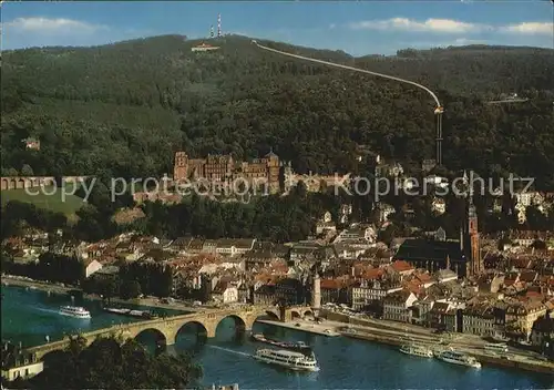 Heidelberg Neckar mit Bergbahn Koenigstuhl und Fernsehturm Kat. Heidelberg