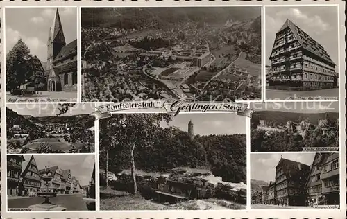 Geislingen Steige Kirche Pfarrhaus Museum Ruine Helfenstein Hauptstrasse oedenturm Brunnen Fliegeraufnahme Fuenftaelerstadt Kat. Geislingen an der Steige