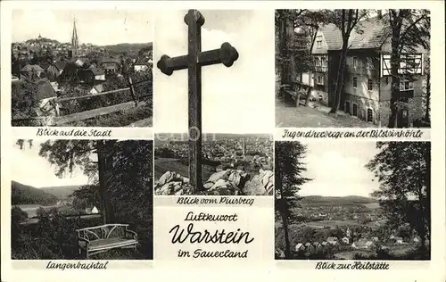 Warstein Stadtbild mit Kirche Jugendherberge Bilsteinhoehle Heilstaette Piusberg Kreuz Langenbachtal Kat. Warstein